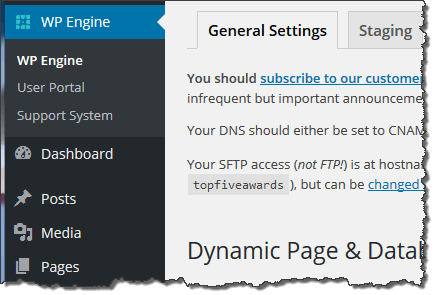 WP Engine in WordPress Admin